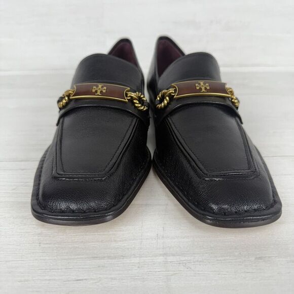 Tory Burch Size 8.5 Perrine Loafer Shoes Square Toe Logo Leather Perfect Black - Picture 6 of 16